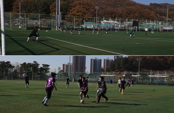 지난 22일 청주시 용정동 축구장에서 열린 제13회 교육감기 차지 학교스포츠클럽 축구대회 예선전에서 선수들이 경기를 펼치고 있다. 상당고등학교와 흥덕고등학교간 경기(위), 청석고등학교와 서원고등학교간 경기 모습. /정인영 사진가